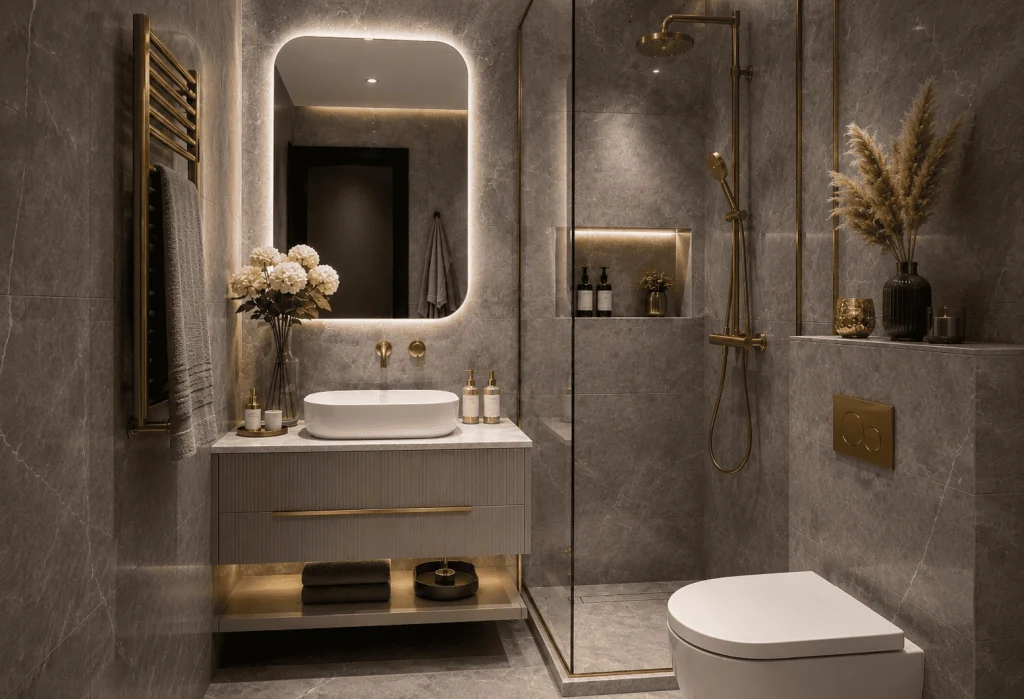 Graues Badezimmer mit Marmor Look & Gold Akzenten