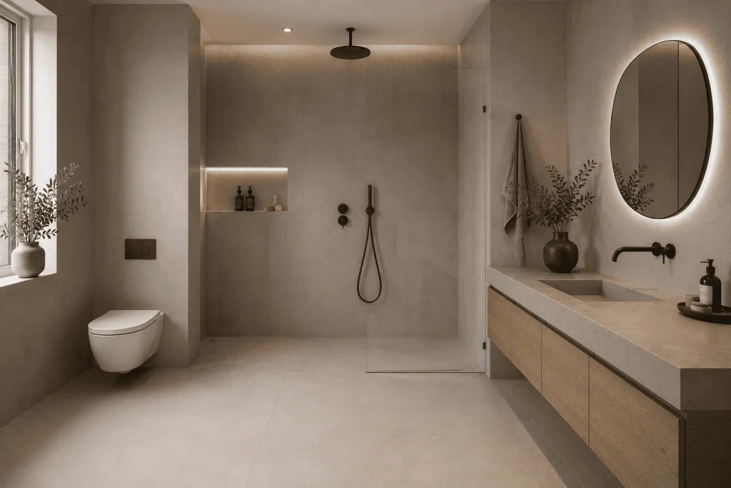 Wand und Boden in einem Ton – der Wet Room Look