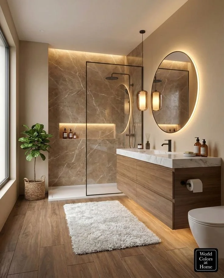 Moderne Badezimmergestaltung mit stilvollen und luxuriösen Elementen.