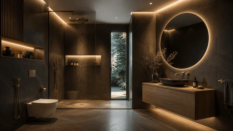 Badezimmer Inspiration dunkle Fliesen