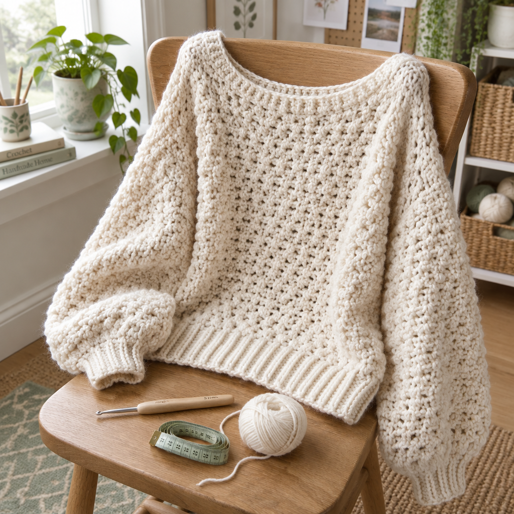 11 Easy and Free Crochet Sweater Patterns for Cozy Wear 2 Chunky cream crochet sweater with balloon sleeves and a ribbed hem displayed on a wooden chair