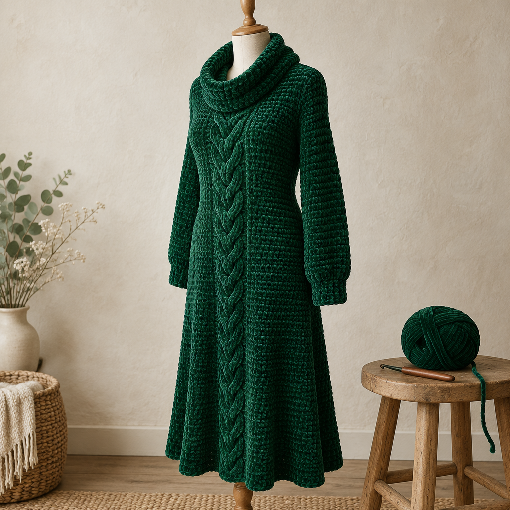 11 Easy and Free Crochet Sweater Patterns for Cozy Wear 5 Emerald velvet crochet sweater dress with a front cable and loose cowl neckline on a dress form