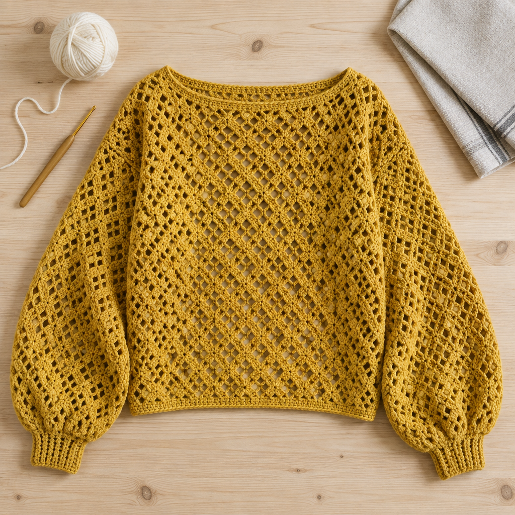 11 Easy and Free Crochet Sweater Patterns for Cozy Wear 3 Mustard crochet sweater with diamond mesh stitches and balloon sleeves laid out on a worktable