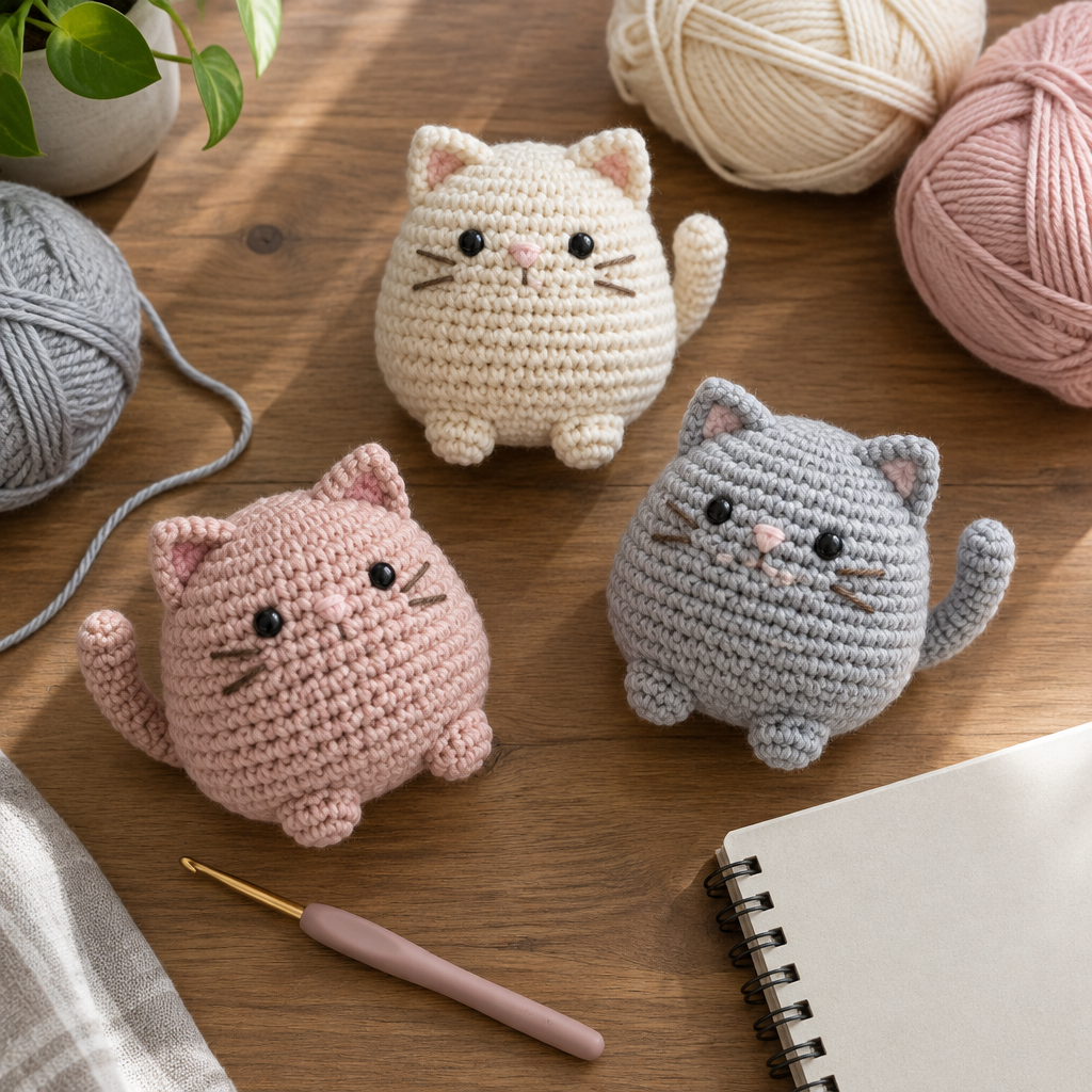 Three chubby cat crochet pattern samples arranged with yarn and a hook