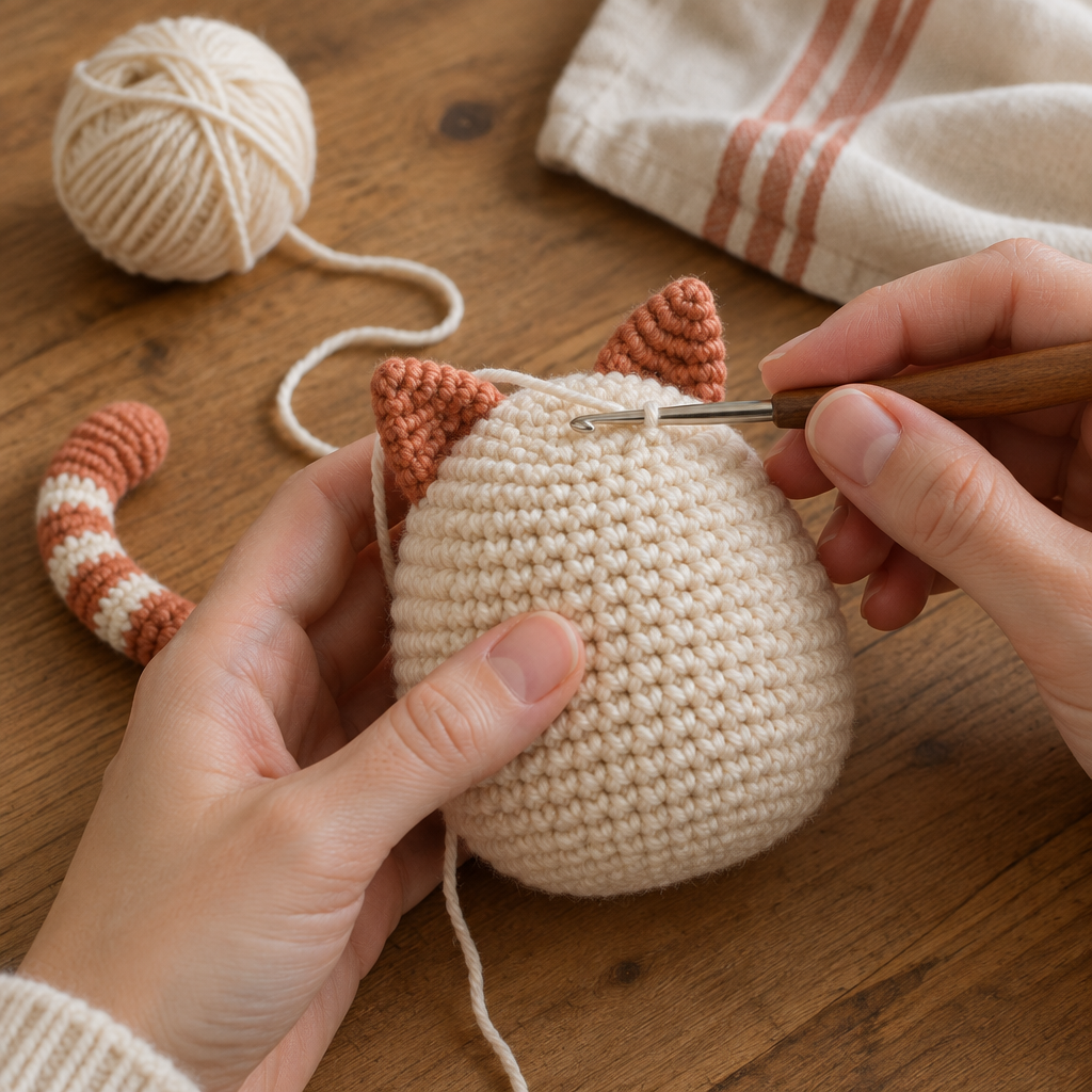 Hands crocheting the rounded body of a no-sew chubby cat amigurumi