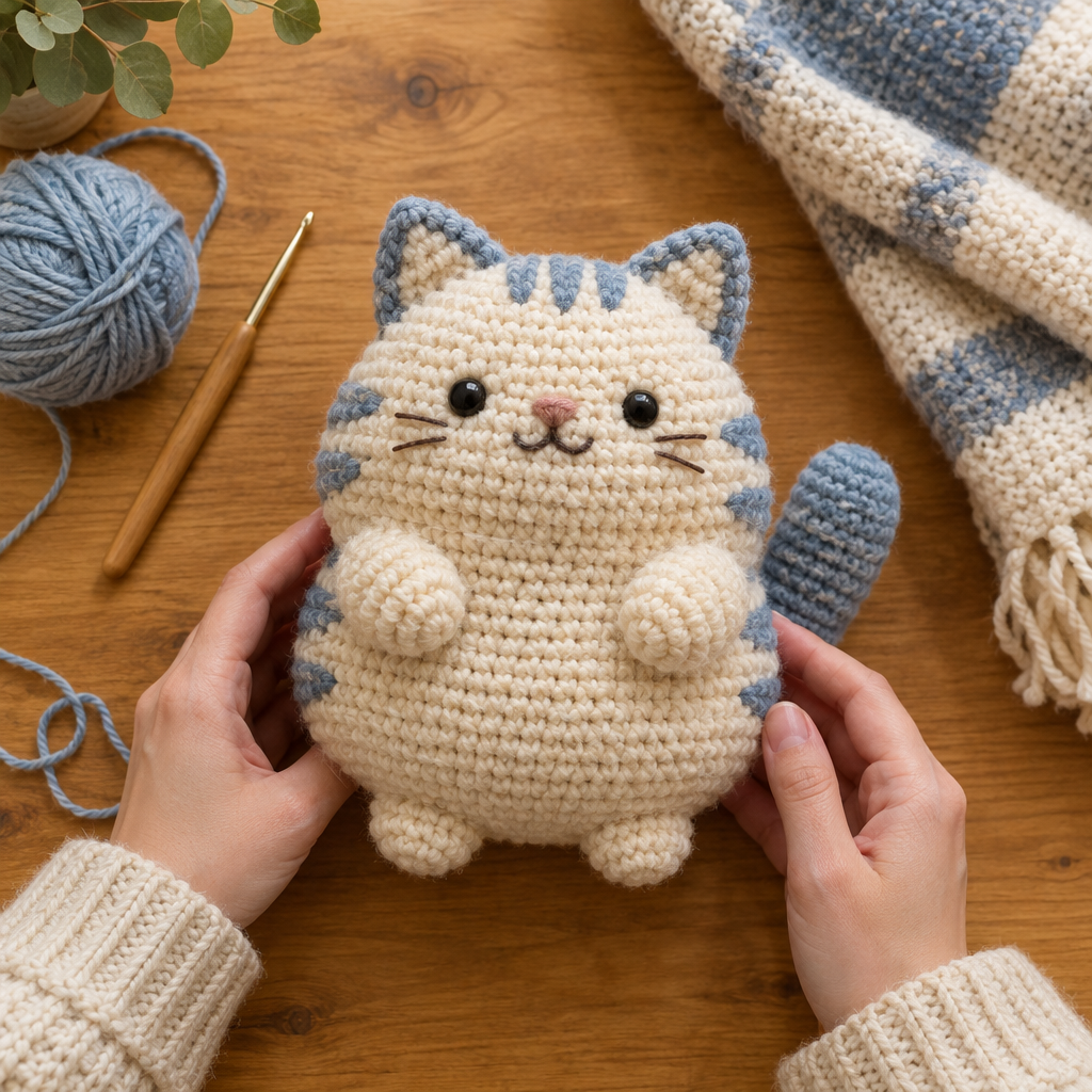 Finished chubby cat amigurumi checked beside its yarn and crochet hook