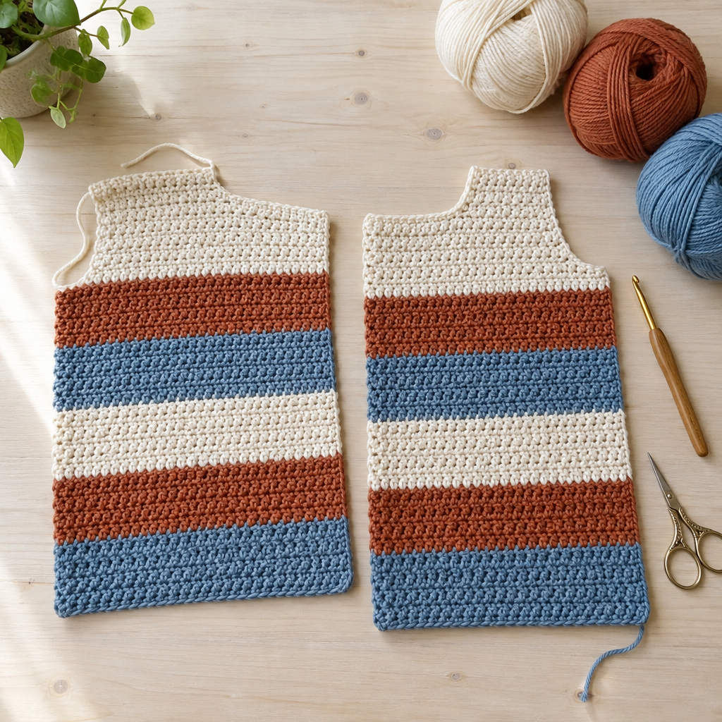 Color-block sweater panels and coordinating yarn arranged on a wooden crochet work surface