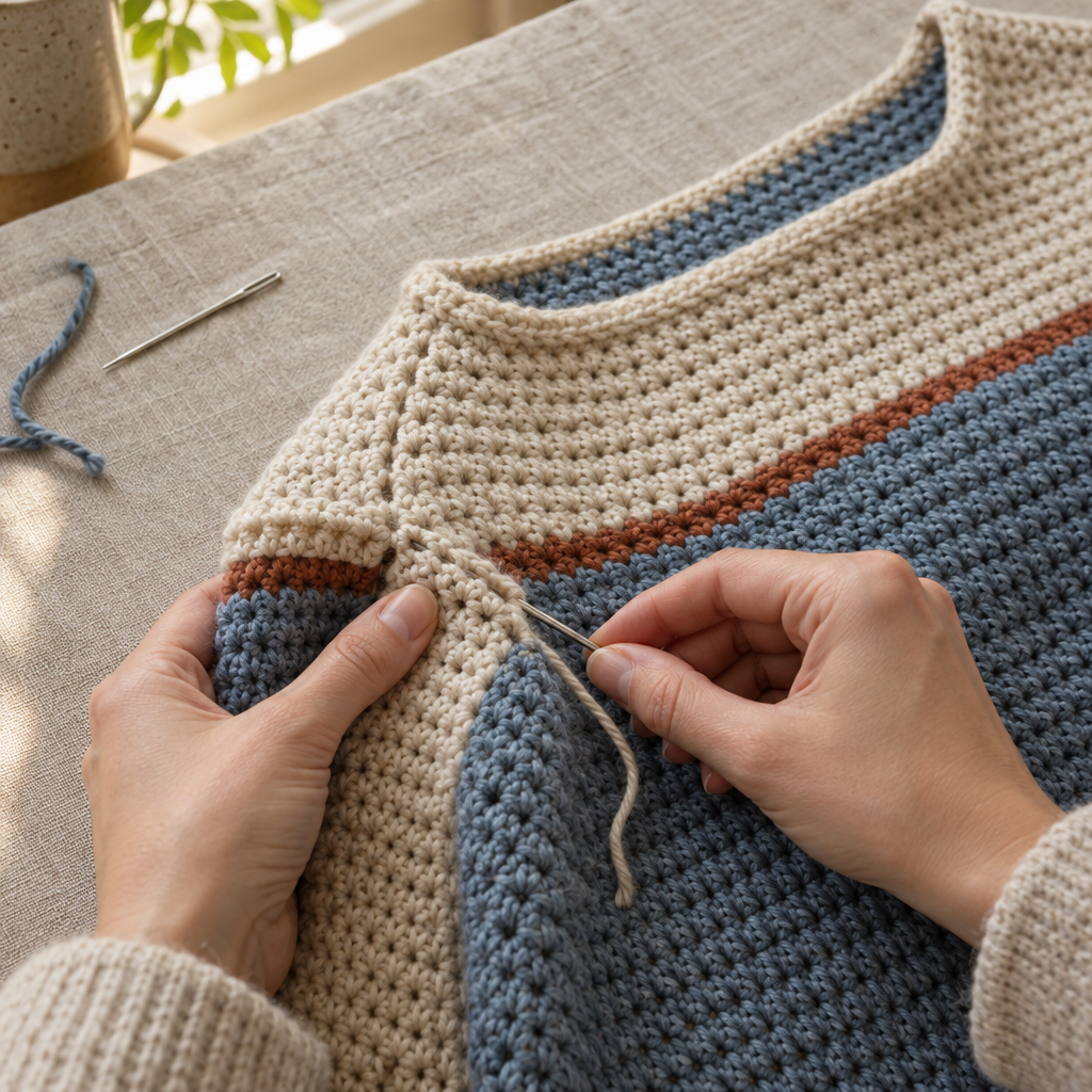 Hands joining the shoulder seam of an easy colour block sweater crochet pattern