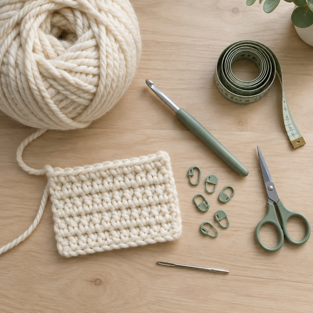 Bulky cream yarn, a 6.5 mm crochet hook, tools, and a half double crochet swatch arranged on a wooden table