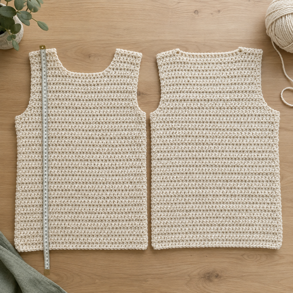 Front and back crochet sweater panels lie flat beside a measuring tape before assembly