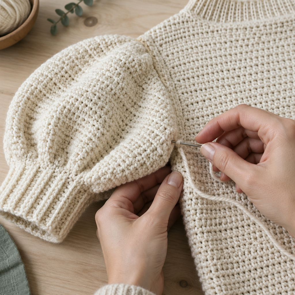 Hands use a yarn needle to seam a balloon sleeve to a crochet sweater body