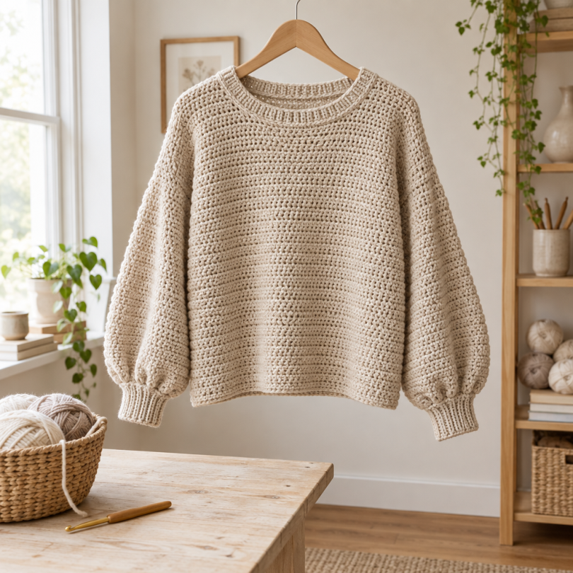 Easy Crochet Sweater Pattern A Beginner-Friendly Boxy Sweater with Balloon Sleeves | XS–5XL