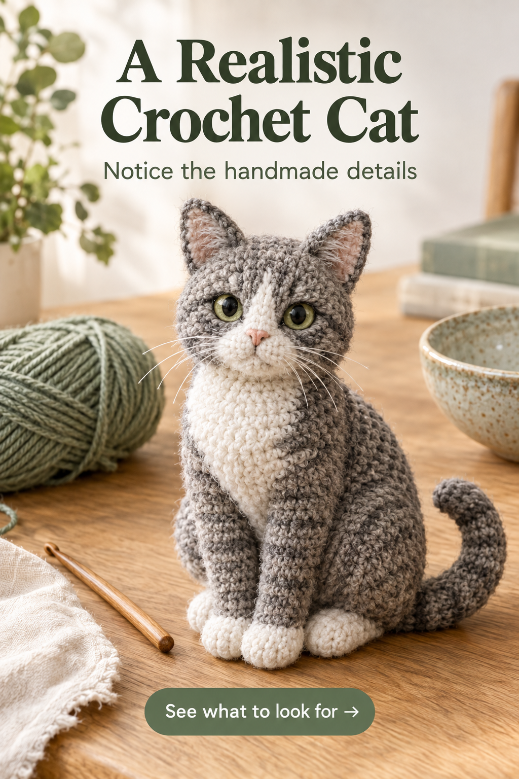 A crochet cat project considered for its shape and handmade finish