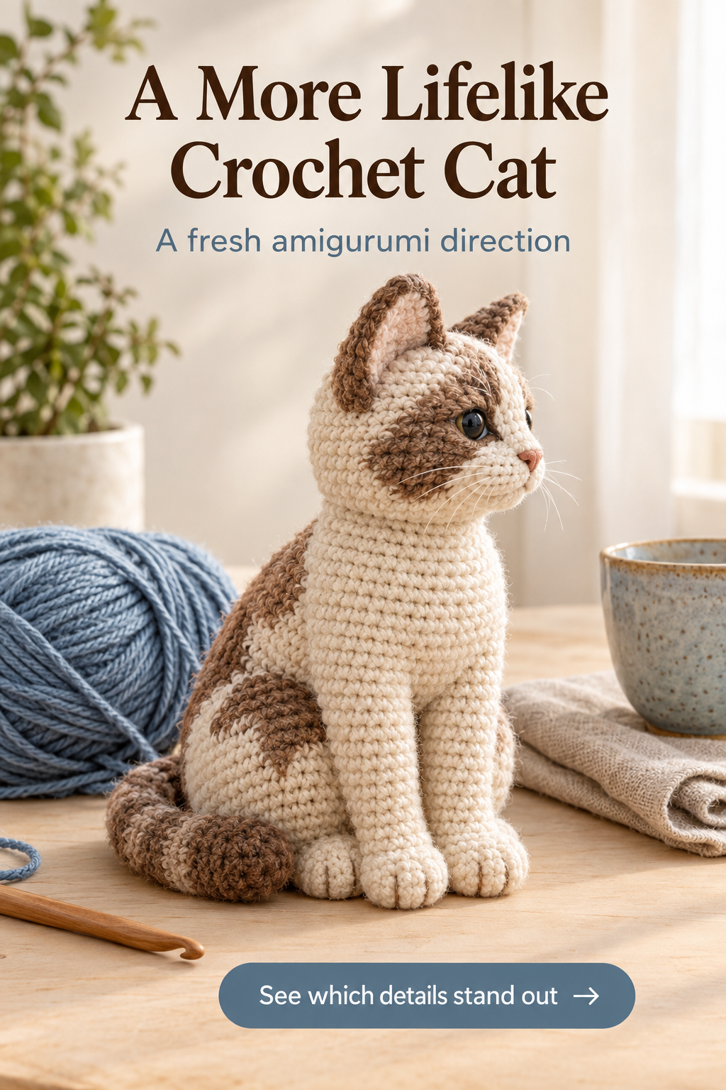 A lifelike crochet cat project with its handmade character at the center