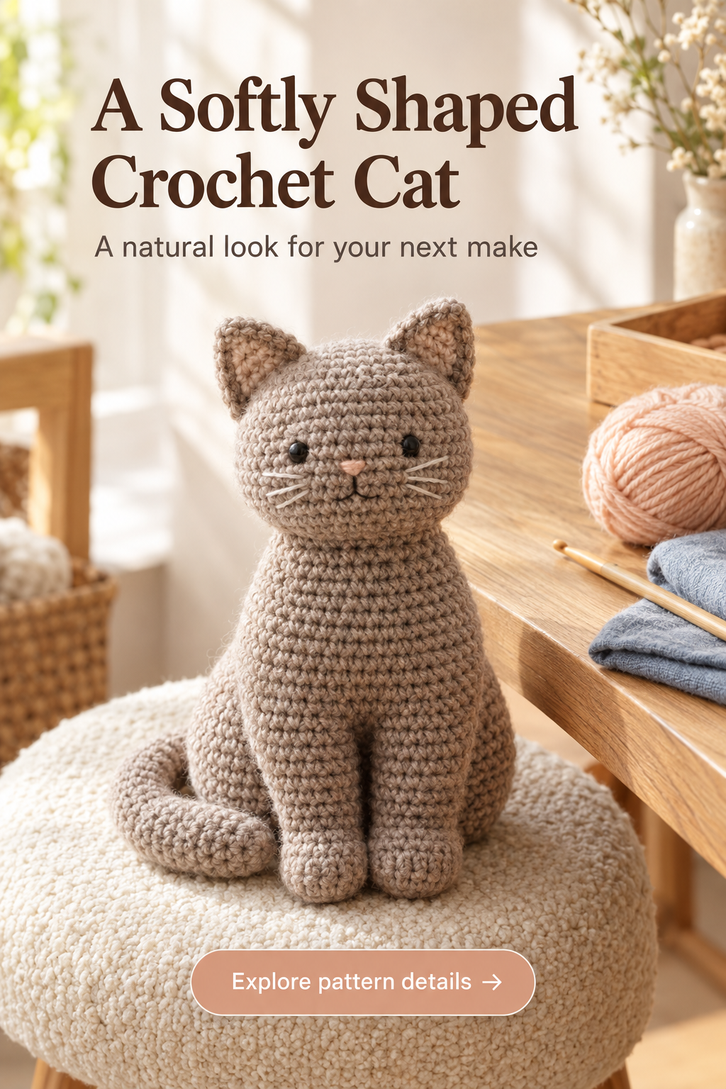 A natural, softly shaped crochet cat suggested as a handmade project idea