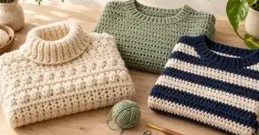 Three handmade crochet sweaters in cream, sage, and navy stripes with yarn and crochet tools