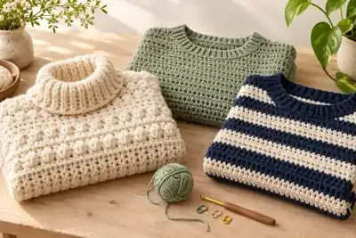 Three handmade crochet sweaters in cream, sage, and navy stripes with yarn and crochet tools