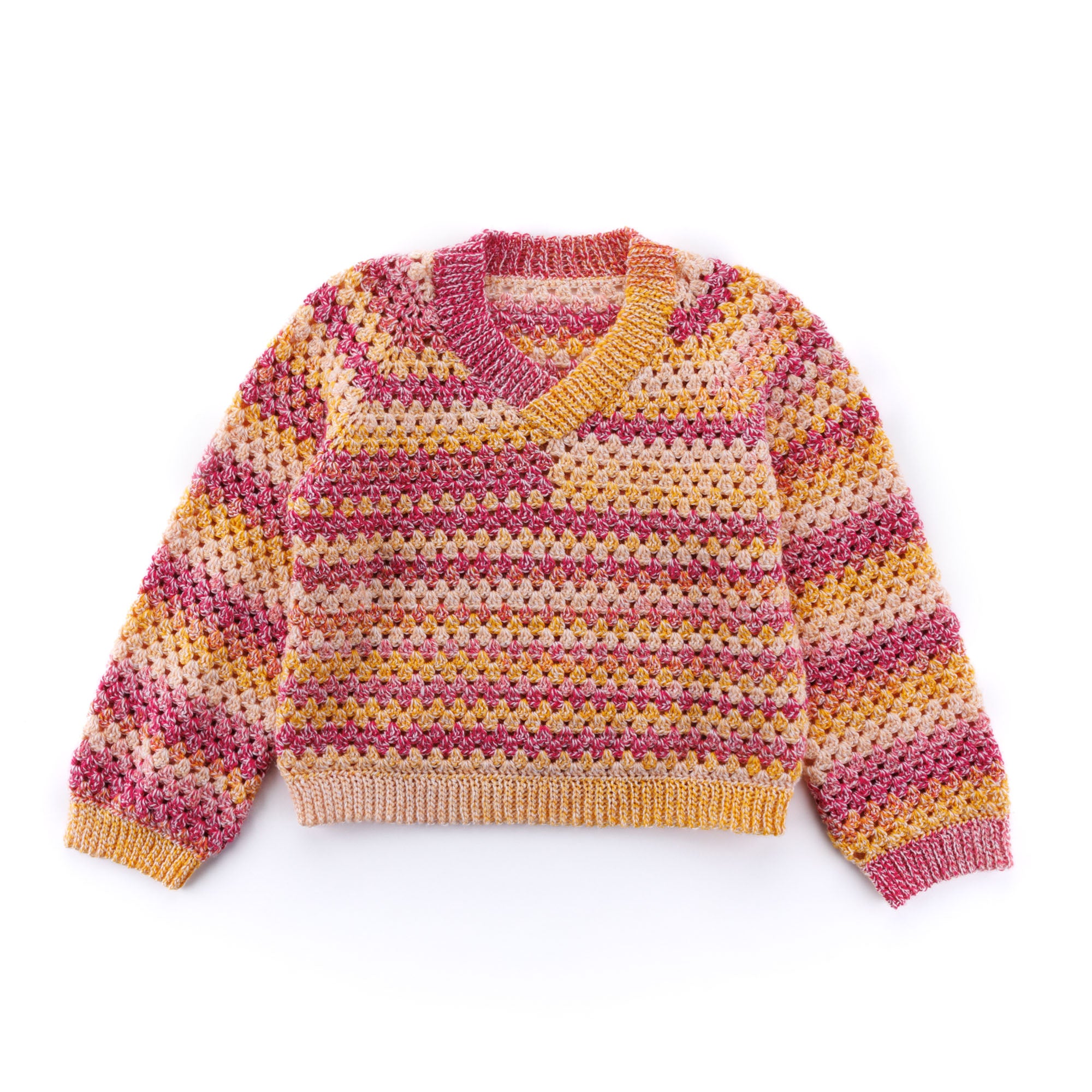 Bernat Granny V-Neck Crochet Sweater crochet garment shown in the original pattern photograph