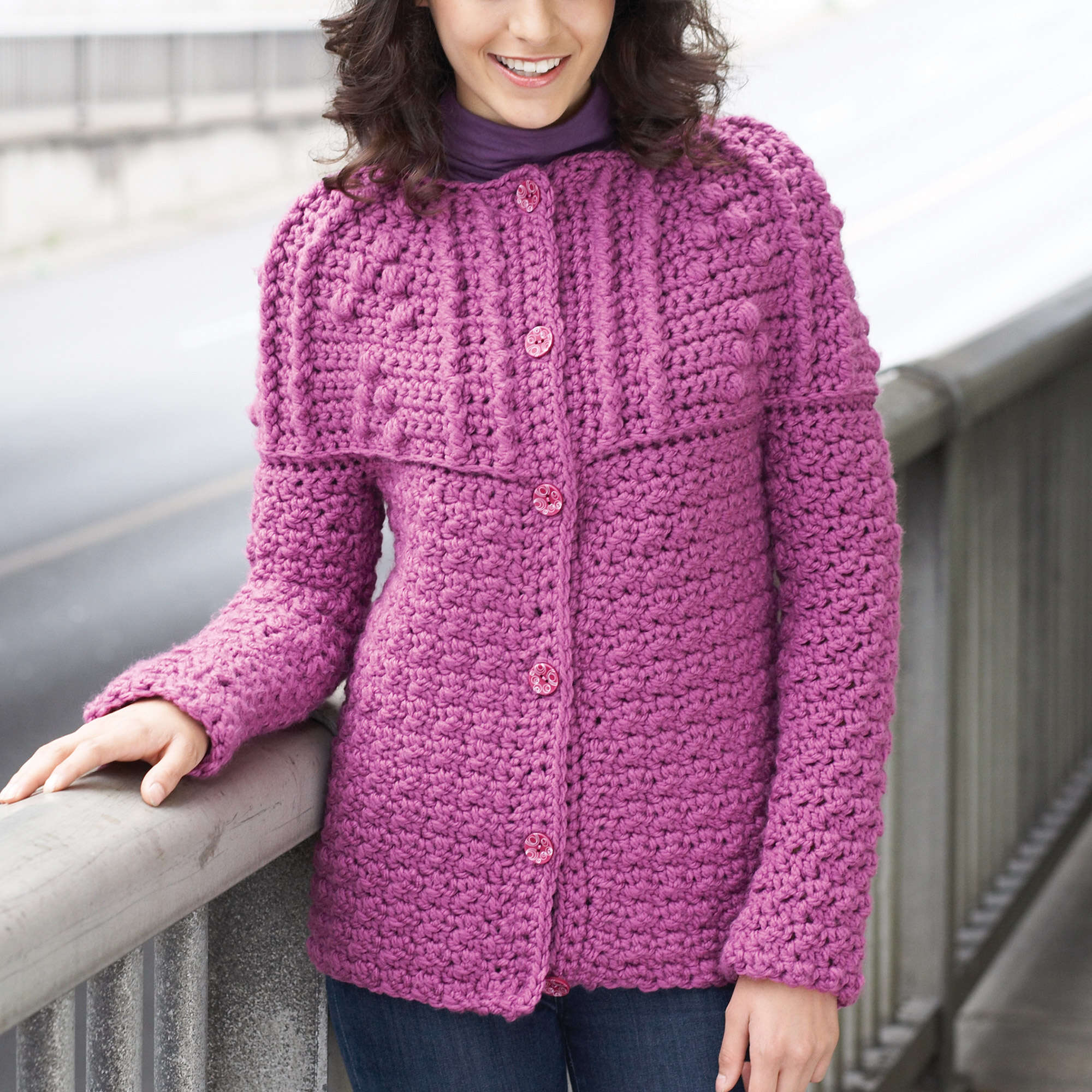 Bernat Textured Yoke Crochet Cardigan — crochet cardigan pattern photo from Yarnspirations