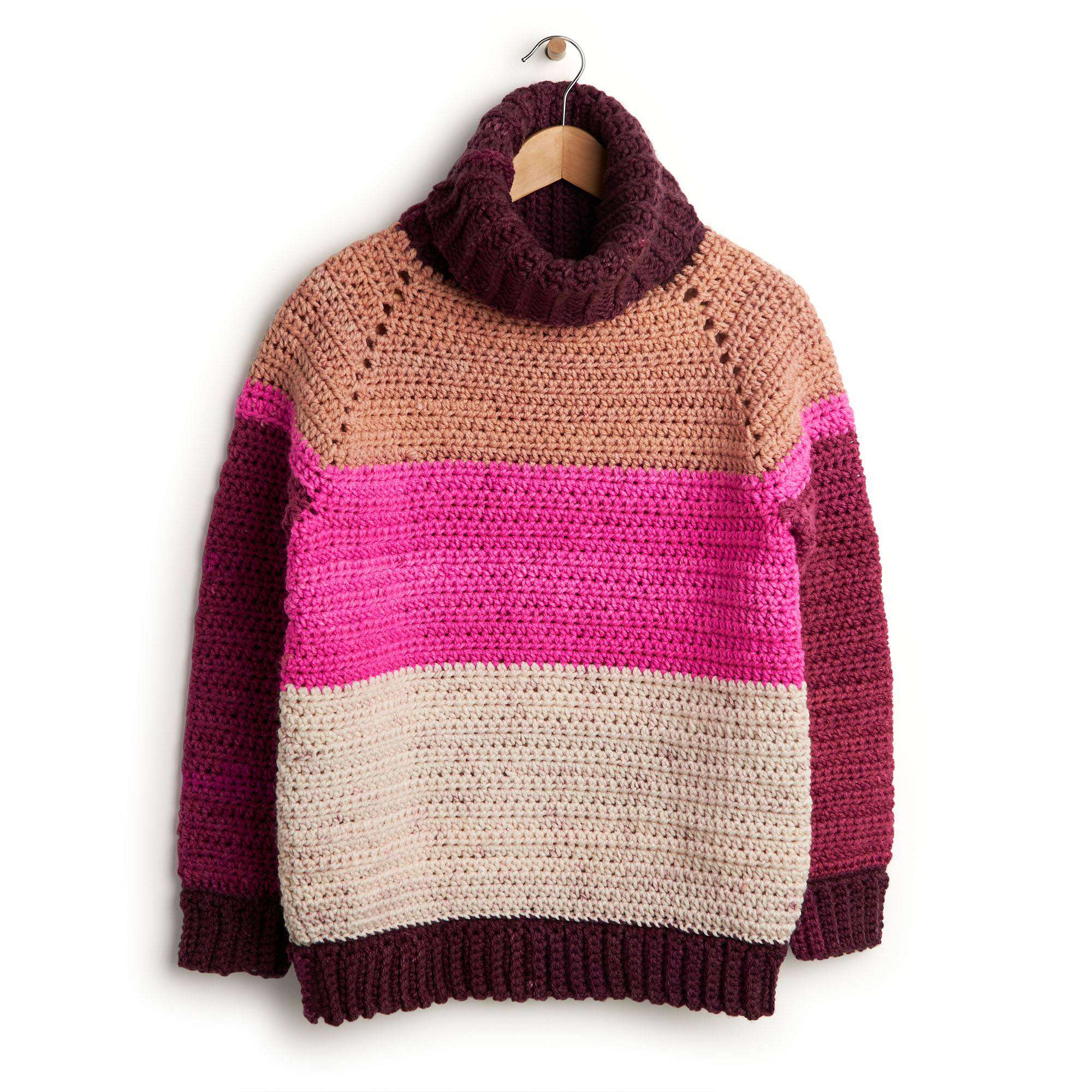 Caron Crochet Raglan Cowl Neck Pullover crochet sweater shown in the original Yarnspirations photograph