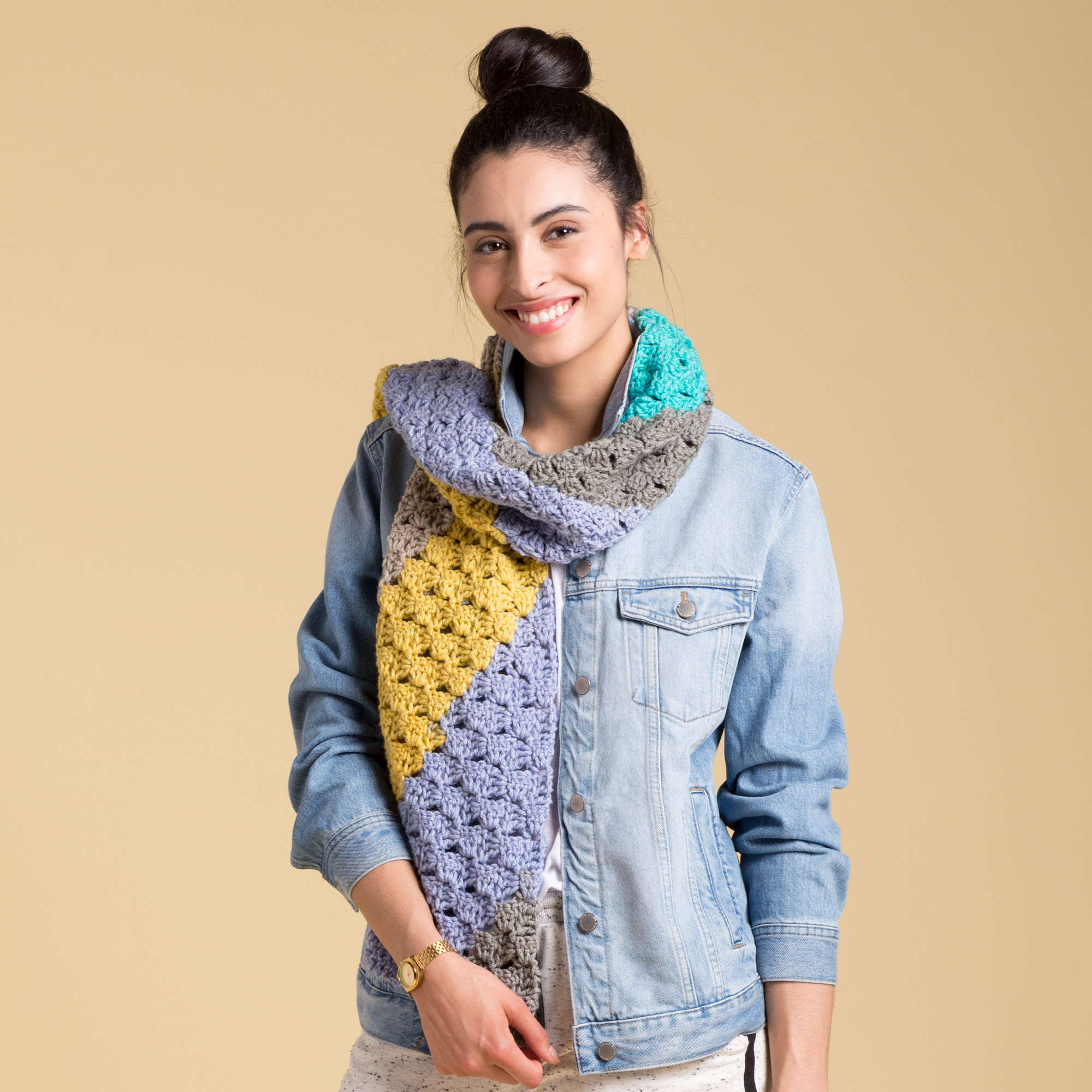 Caron On the Bias Crochet Scarf shown in the original Yarnspirations pattern photograph