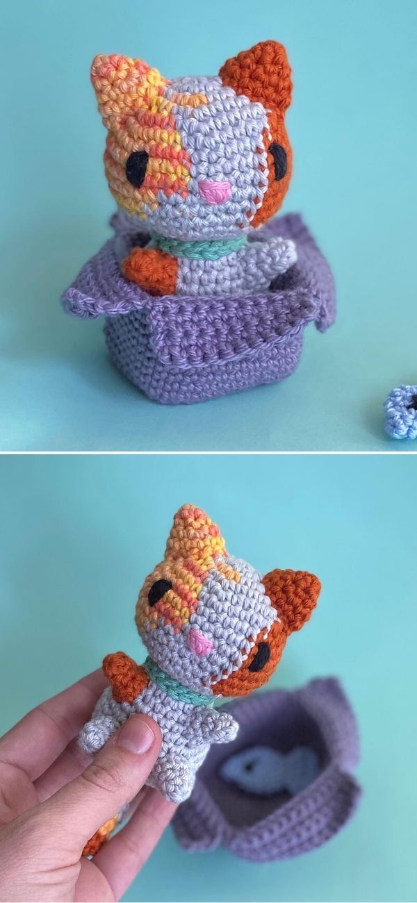 5 Free Mini Crochet Cat Patterns for Keychains and Tiny Gifts 3 Crocheted cat sitting inside a small crochet box, design by Valentina Castelblanco