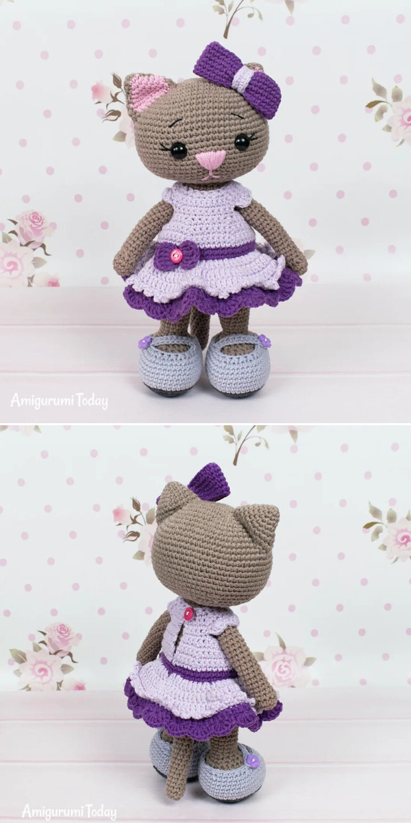 4 Crochet Cat Patterns with Dresses, Outfits and Cute Details 2 Crochet cat doll in a lilac dress by Amigurumi Today