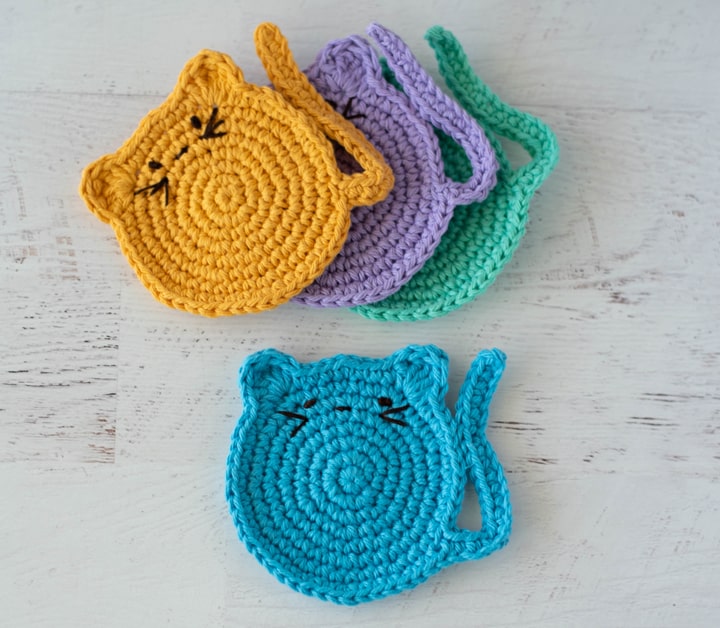 Cute Cat Coasters crochet project by Cheryl Bennett / Crochet 365 Knit Too