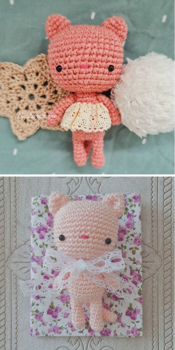 4 Crochet Cat Patterns with Dresses, Outfits and Cute Details 3 Dressed crochet kitten by sophibelle