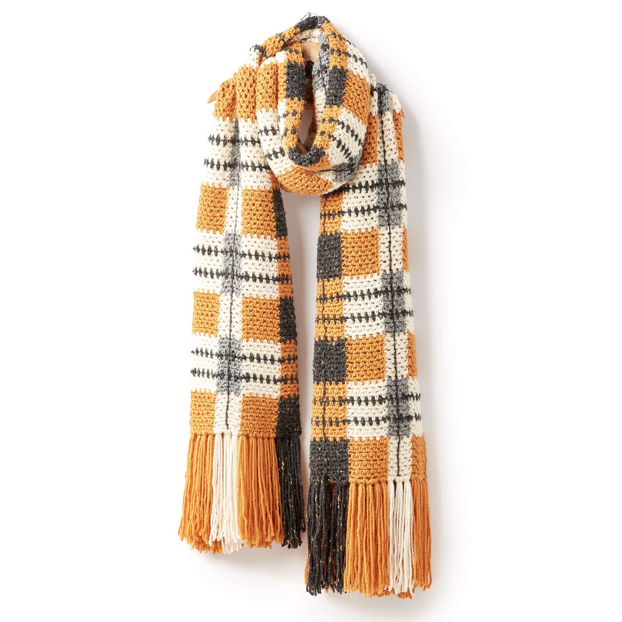 Patons Big Tartan Crochet Super Scarf shown in the original Yarnspirations pattern photograph