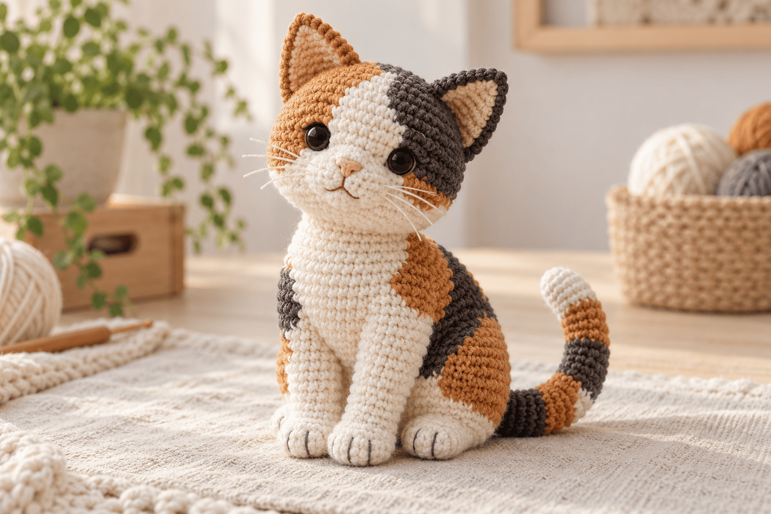 35+ Free Crochet Cat Patterns You’ll Love 11 Crocheted calico cat sitting upright, realistic amigurumi pattern inspiration