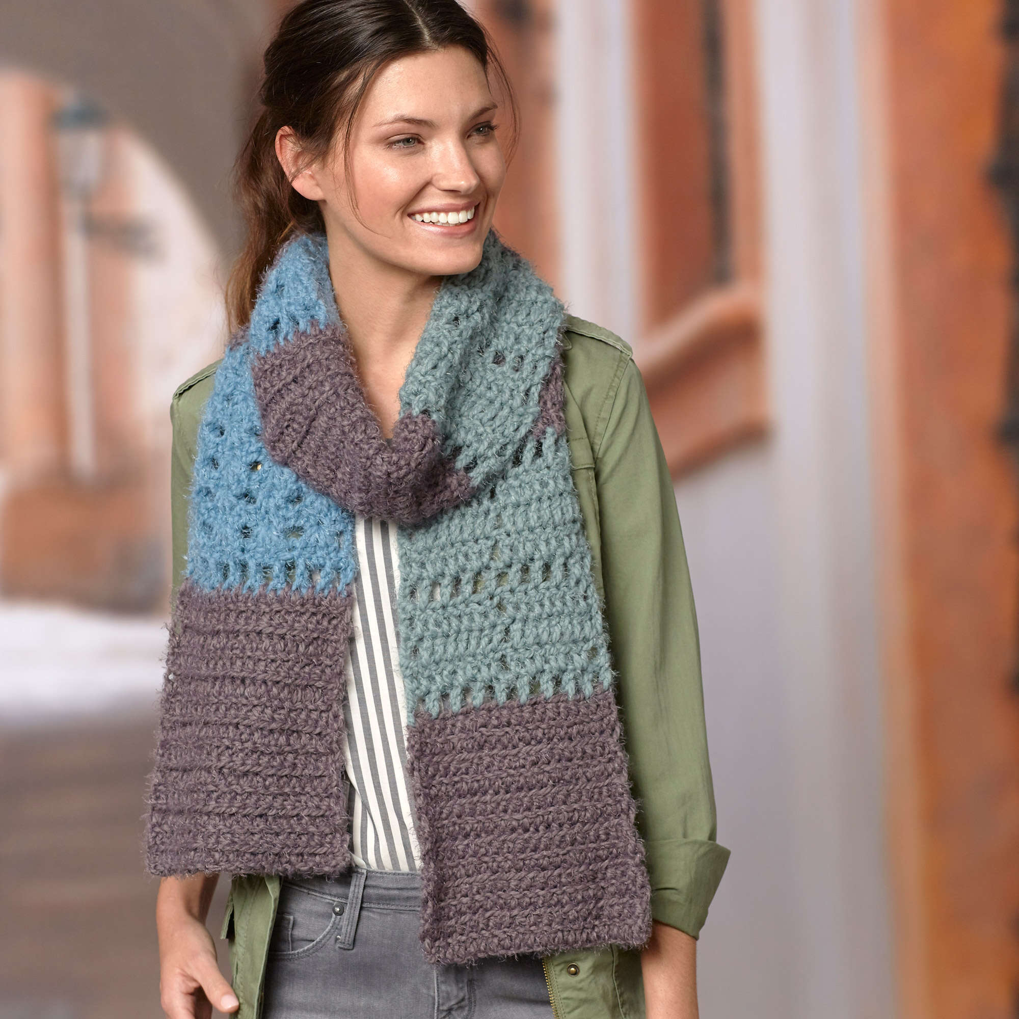 Red Heart Color-Block Crochet Scarf shown in the original Yarnspirations pattern photograph