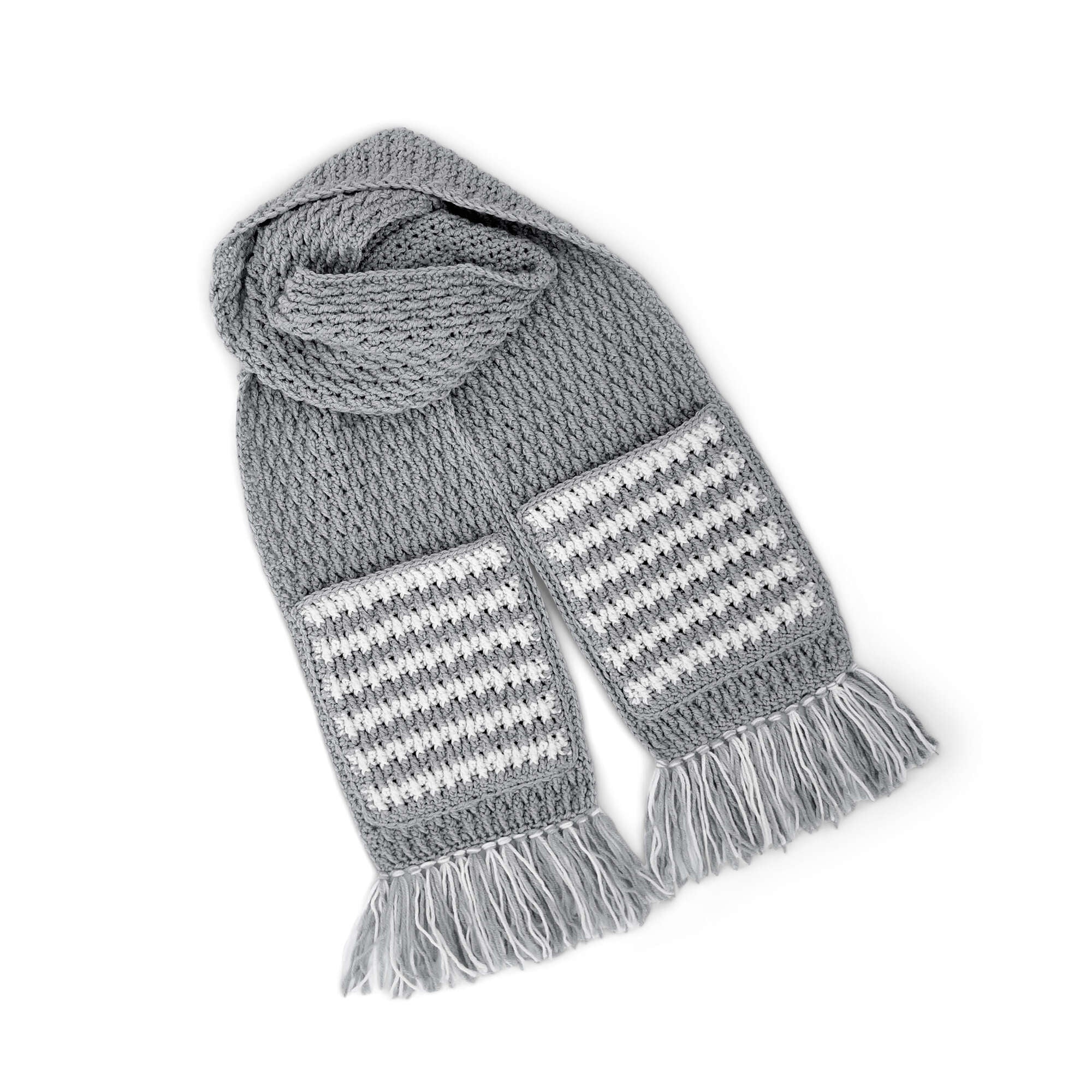 Red Heart Crochet Alpine Pocket Scarf shown in the original Yarnspirations pattern photograph