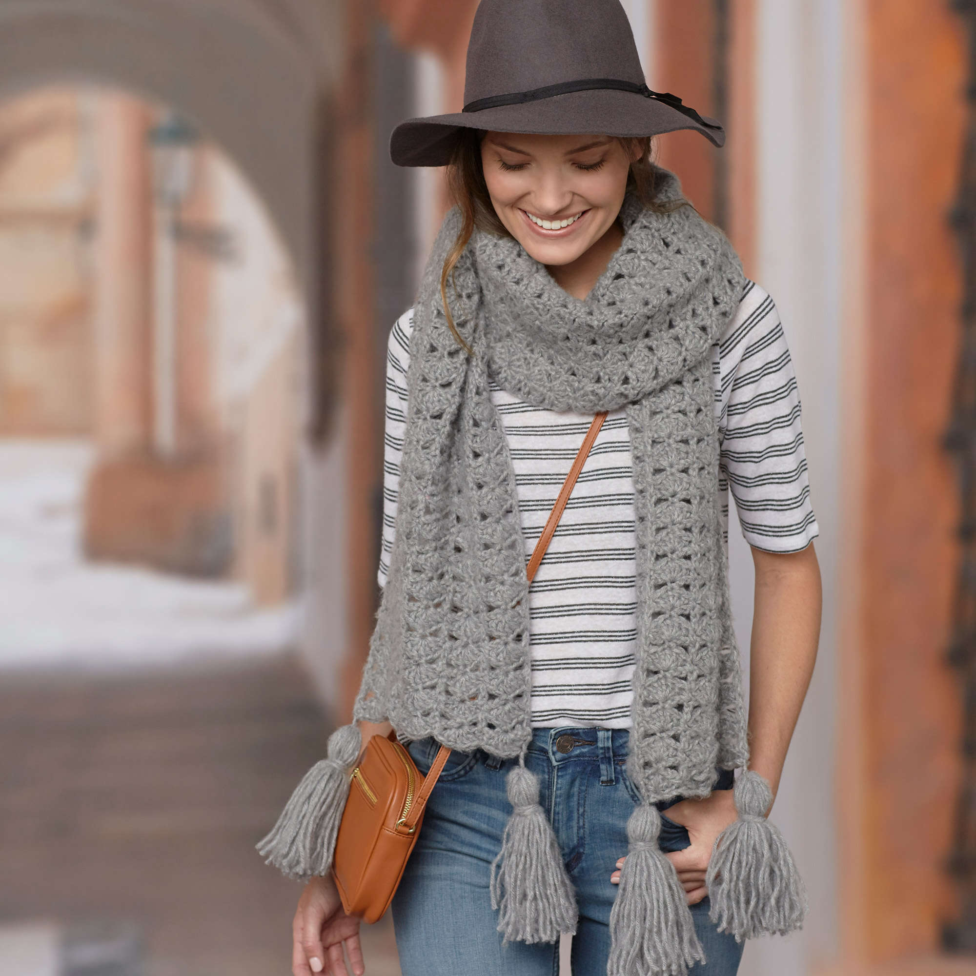 Red Heart Crochet Daydream Scarf shown in the original Yarnspirations pattern photograph