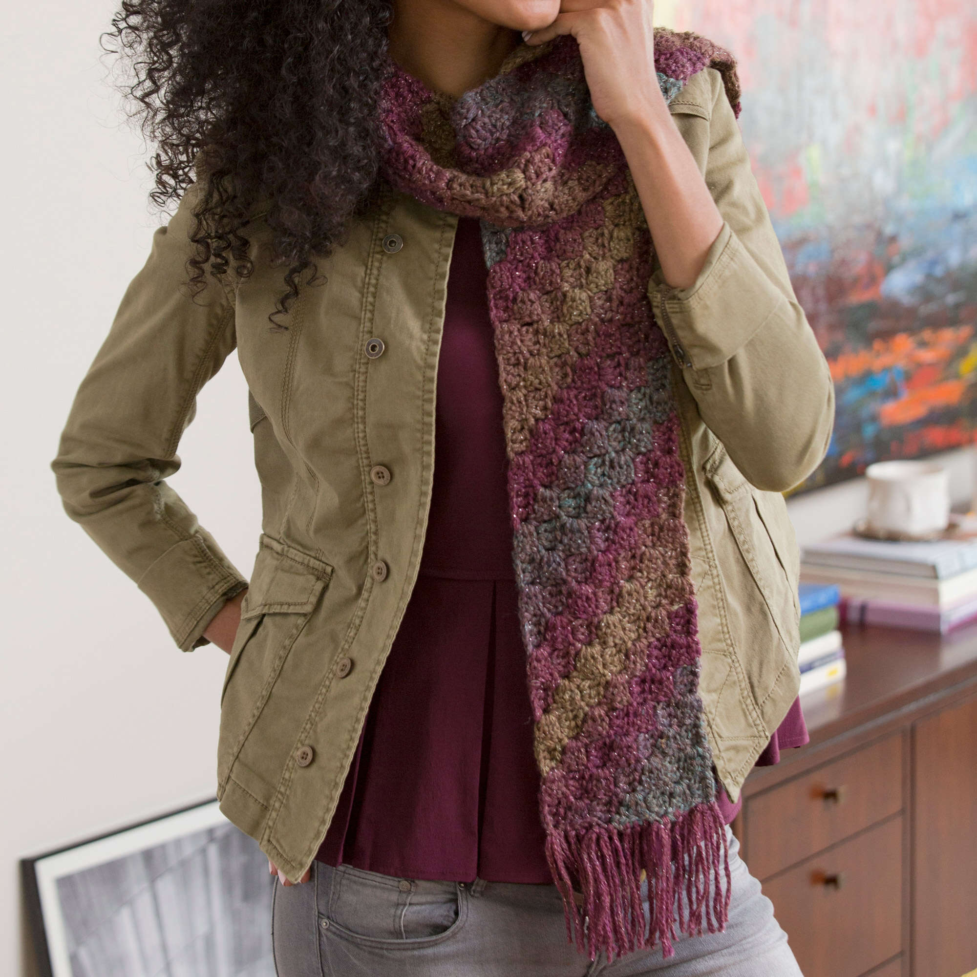 Red Heart Crochet Diagonal Scarf shown in the original Yarnspirations pattern photograph