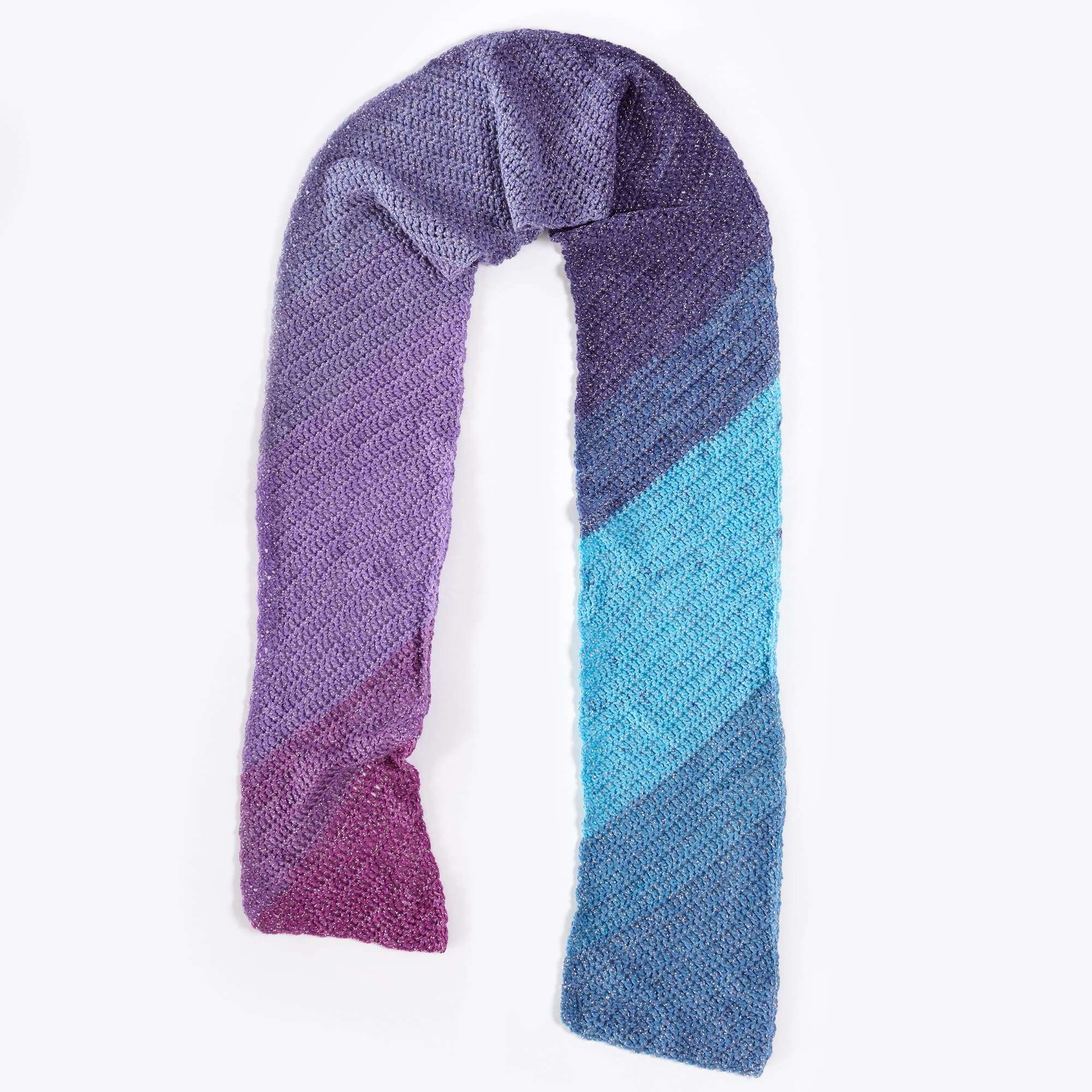 Red Heart Crochet Gradient Sparkle Scarf shown in the original Yarnspirations pattern photograph