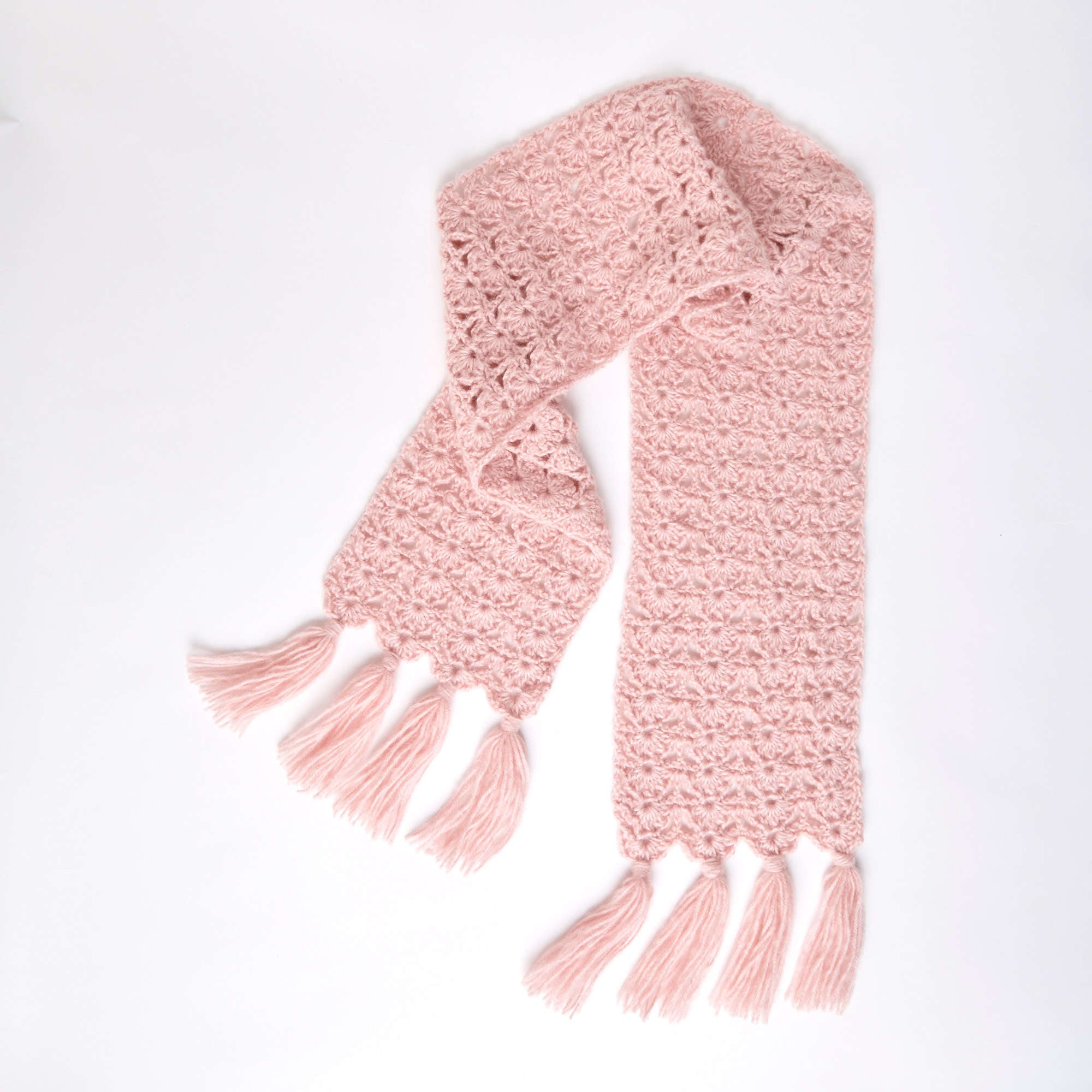 Red Heart Crochet Luxurious Lacy Scarf shown in the original Yarnspirations pattern photograph