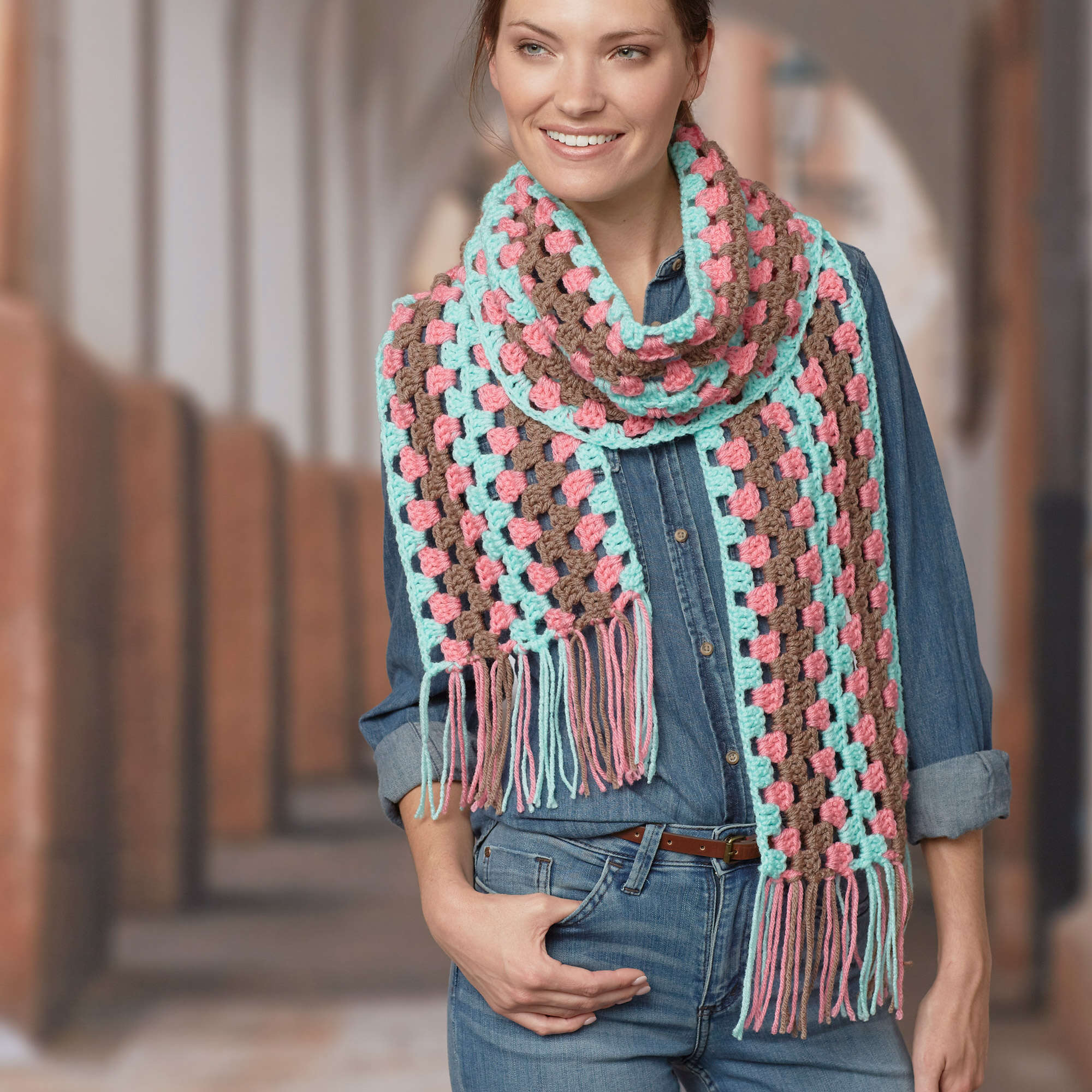 Red Heart Crochet Neapolitan Scarf shown in the original Yarnspirations pattern photograph
