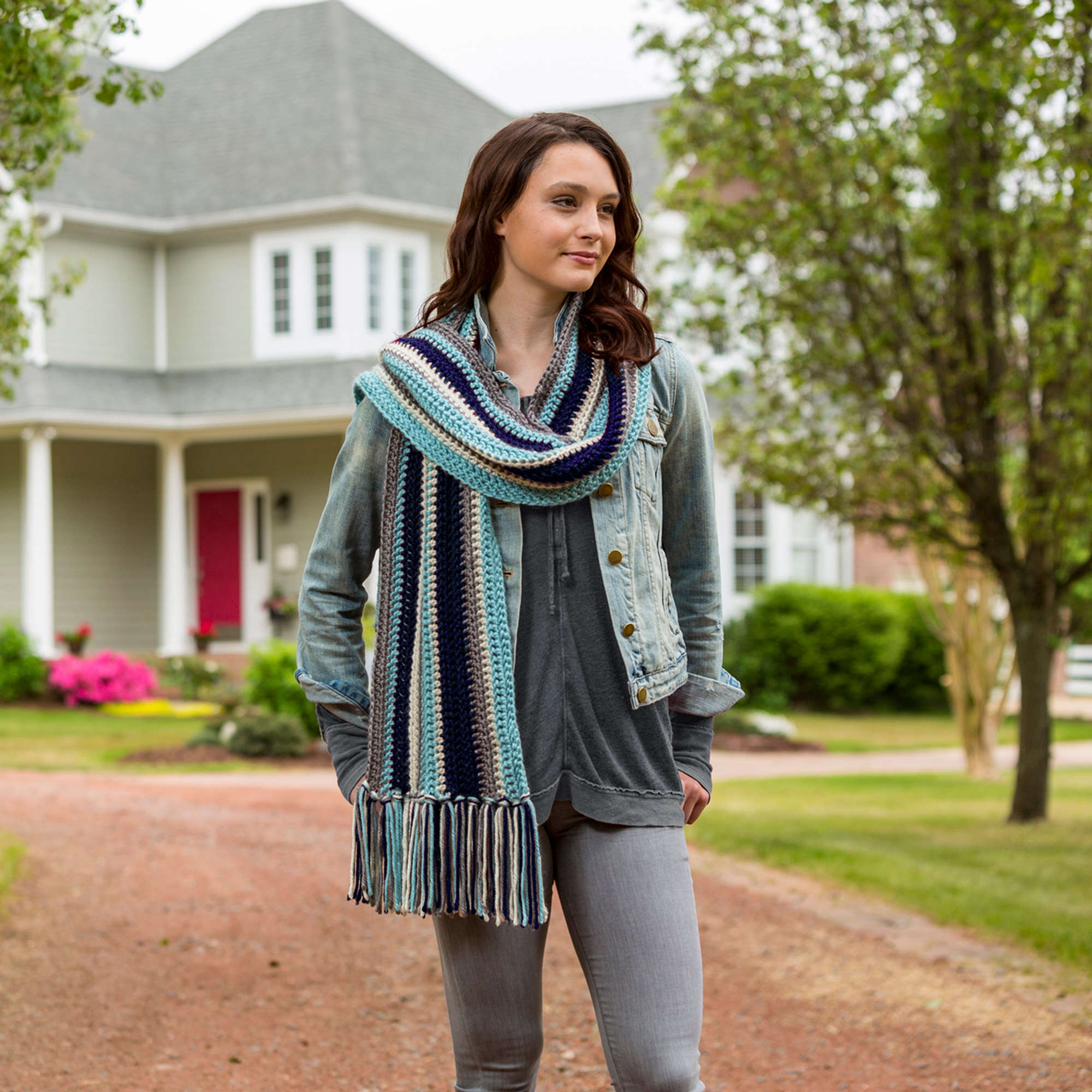 Red Heart Crochet Stroll In Style Scarf shown in the original Yarnspirations pattern photograph