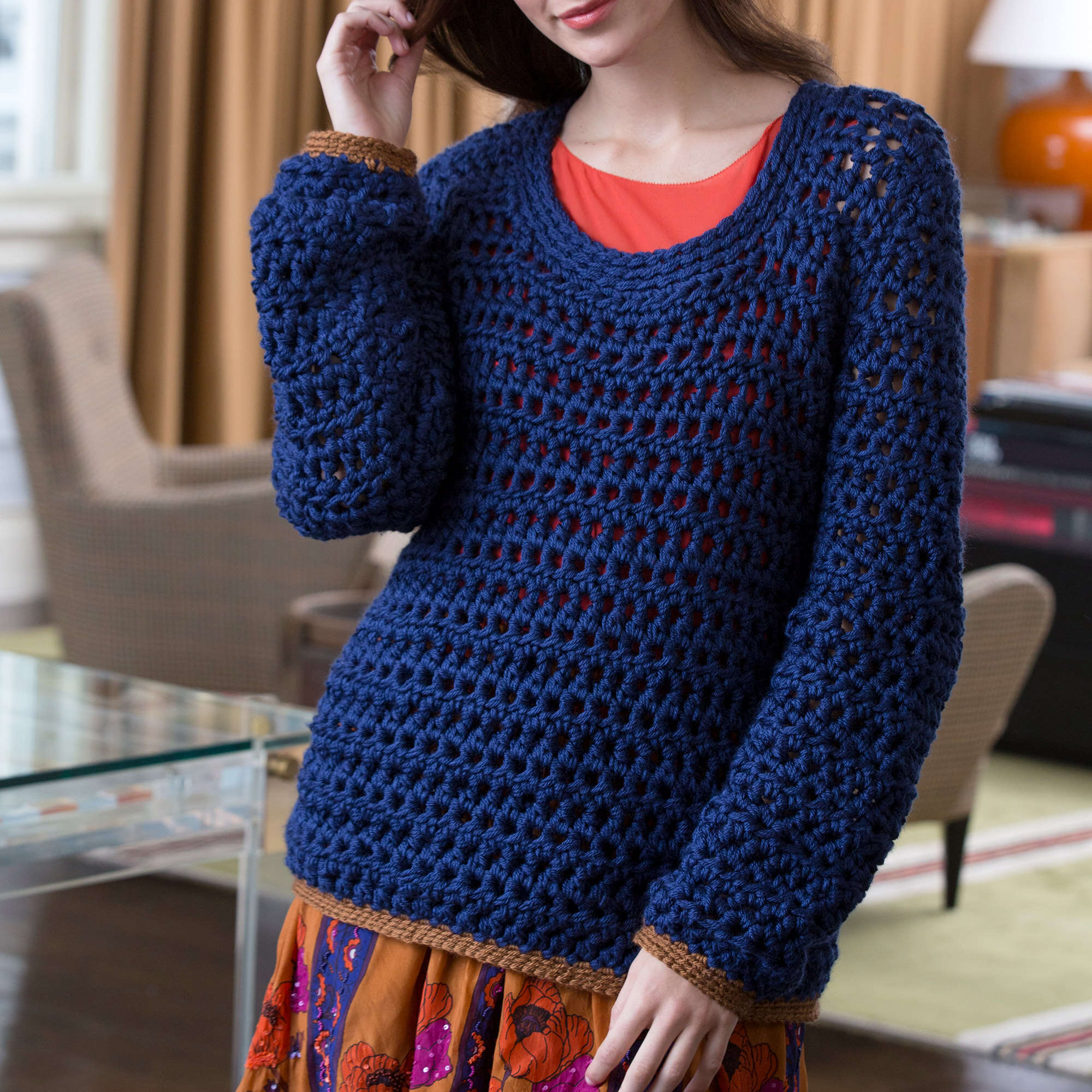 Red Heart Crochet Summer Night Sweater crochet sweater shown in the original Yarnspirations photograph