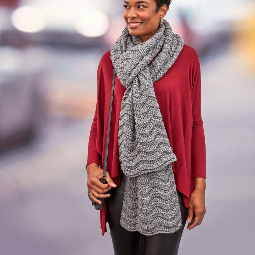Red Heart Crochet Wavy Ridge Super Scarf shown in the original Yarnspirations pattern photograph
