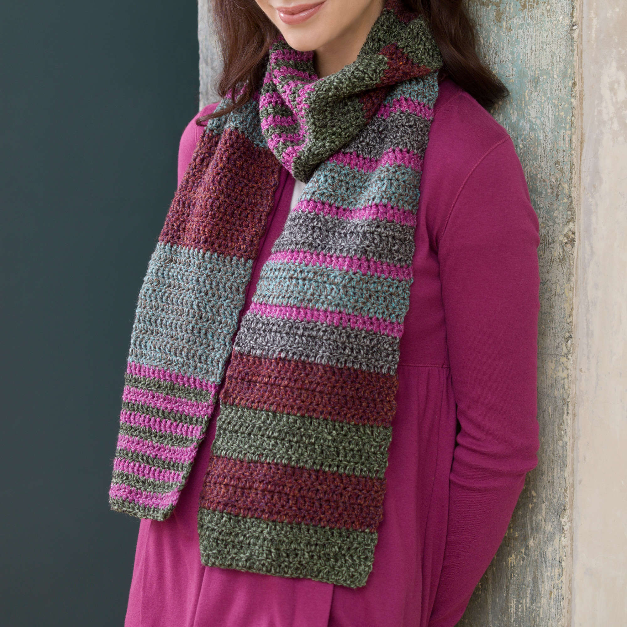 Red Heart Easy Striped Scarf shown in the original Yarnspirations pattern photograph