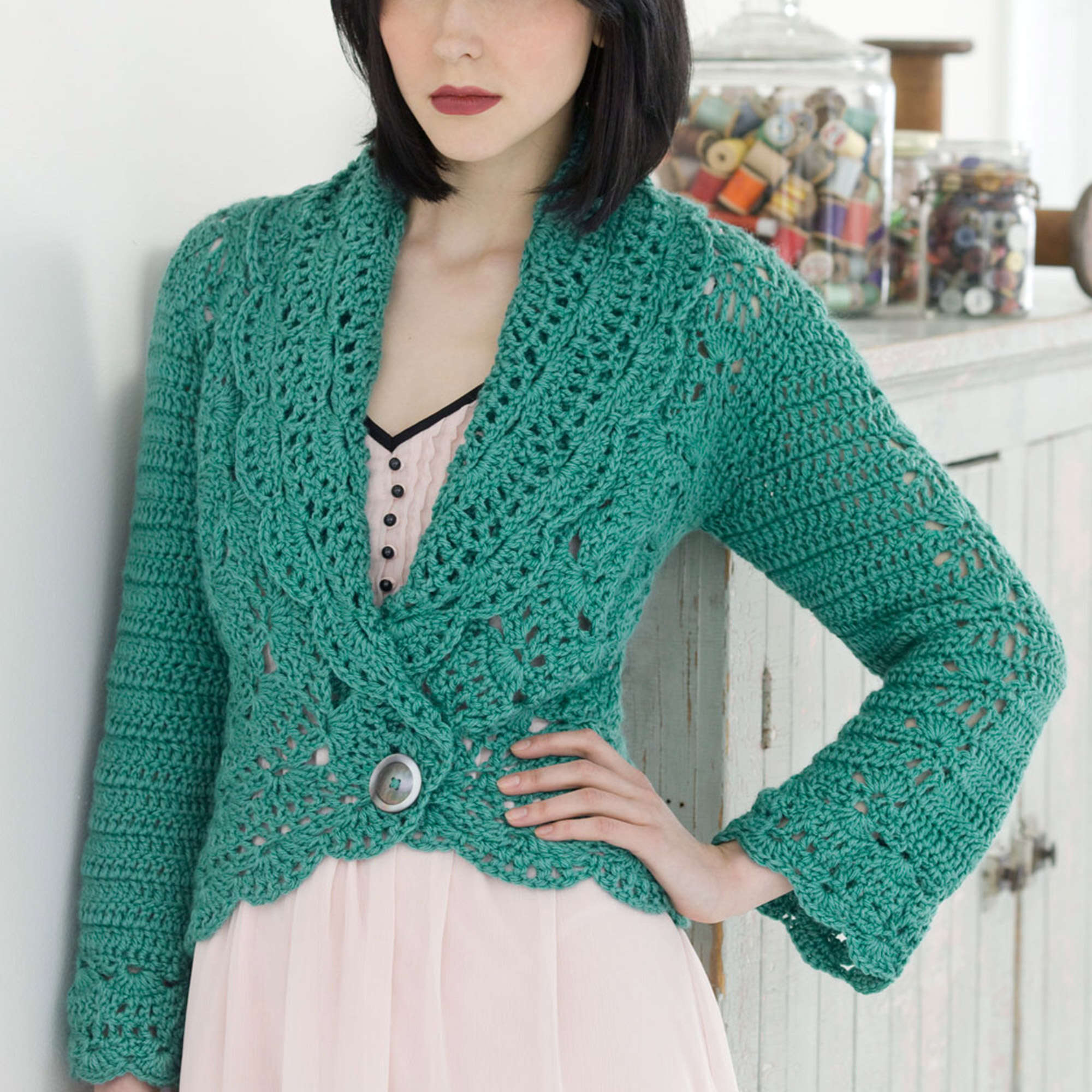 Red Heart Filigree Crochet Cardigan — crochet cardigan pattern photo from Yarnspirations