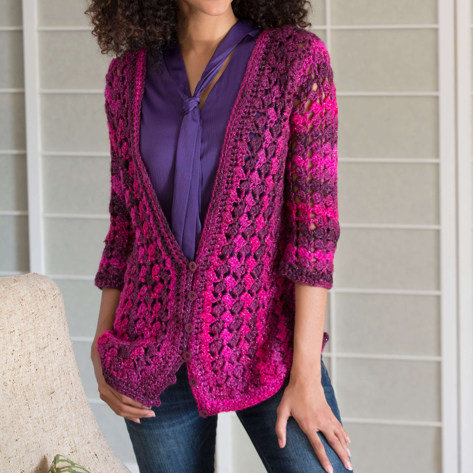 Red Heart Lacy Crochet Cardigan — crochet cardigan pattern photo from Yarnspirations