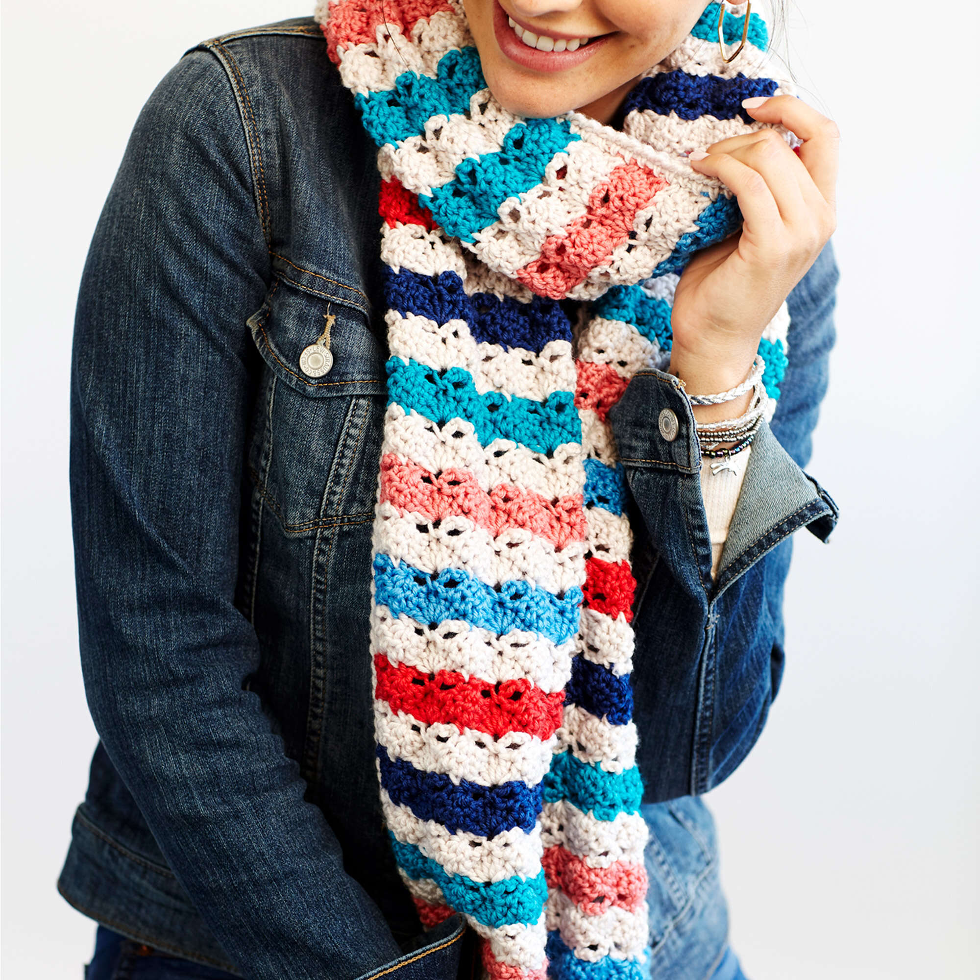 Red Heart Medley Merino Chic Scarf shown in the original Yarnspirations pattern photograph