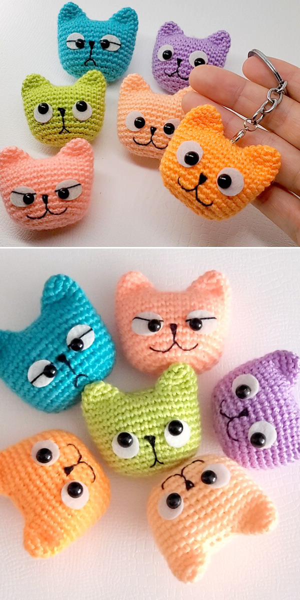 5 Free Mini Crochet Cat Patterns for Keychains and Tiny Gifts 2 Small crocheted kitten head pattern by Stepsteps Crafts