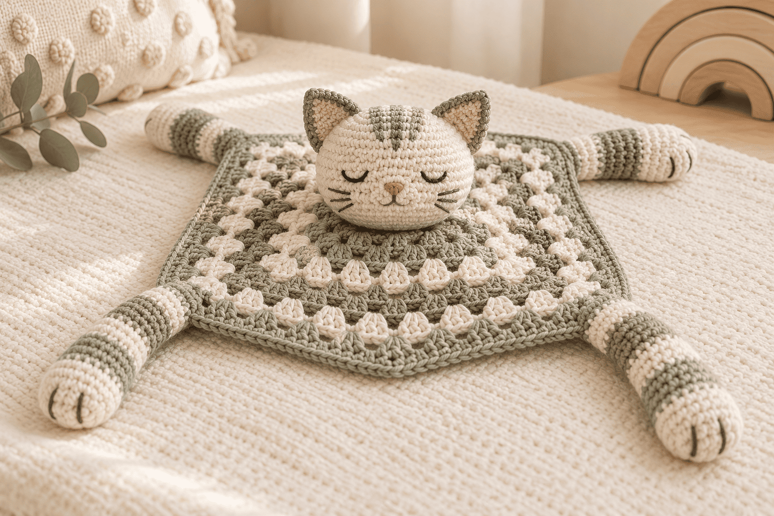 35+ Free Crochet Cat Patterns You’ll Love 14 Crocheted sleepy cat lovey baby blanket toy pattern inspiration