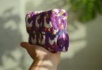 Purple handmade crochet fabric with a contrasting geometric pattern