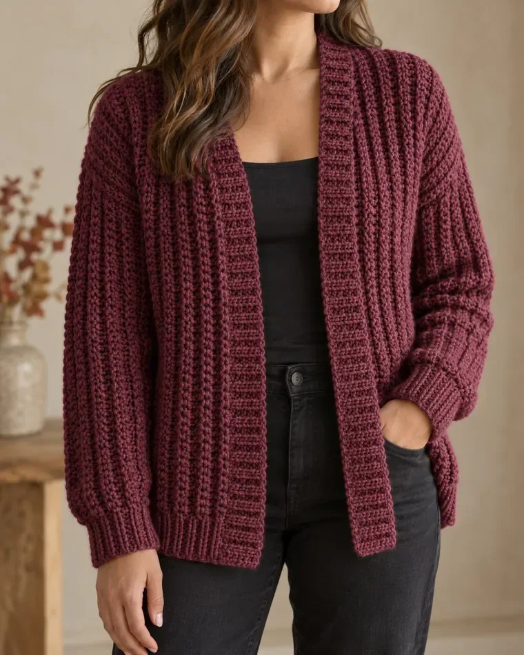 Berry wine crochet brioche cardigan with raised vertical stitch columns and ribbed edges