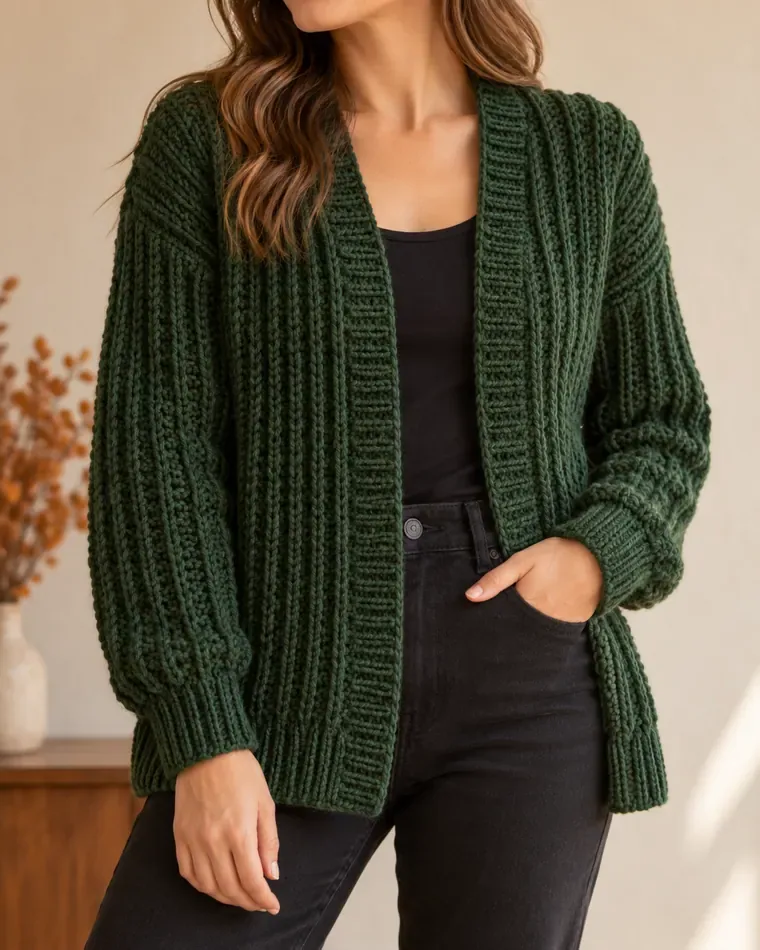 Forest green crochet brioche cardigan with raised vertical stitch columns and ribbed edges